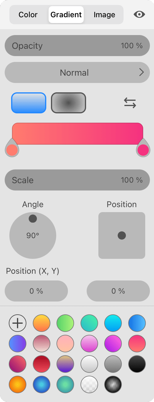 The Gradient section of the Color panel showing settings of linear gradient