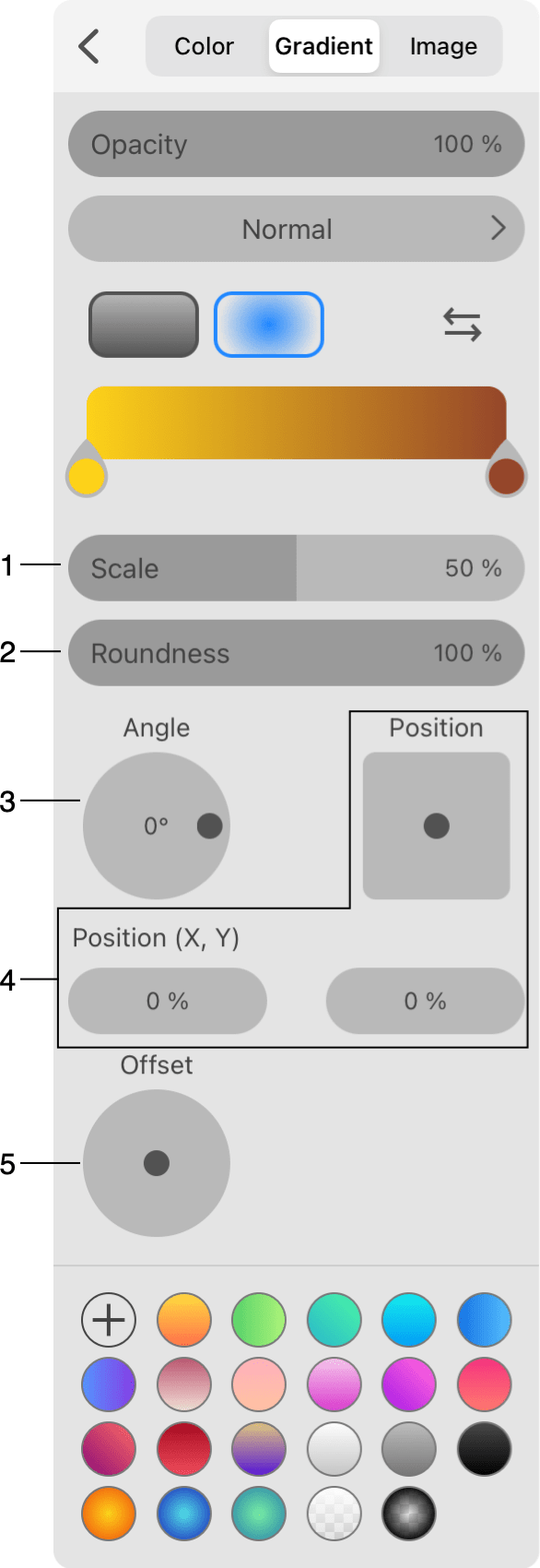 The Gradient section of the Color panel showing settings of radial gradient