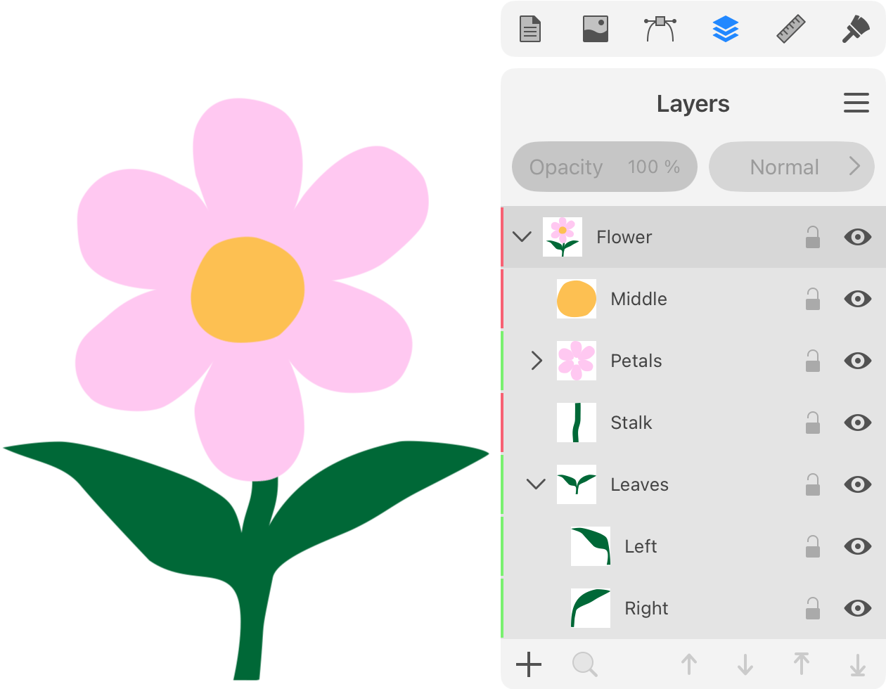 Example of using sublayers to organize parts of a complex graphic object.