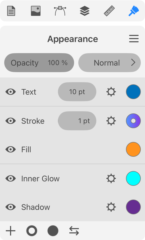 The Appearance panel with different types of properties