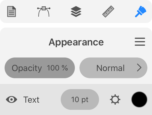 The Appearance panel with a text object listed
