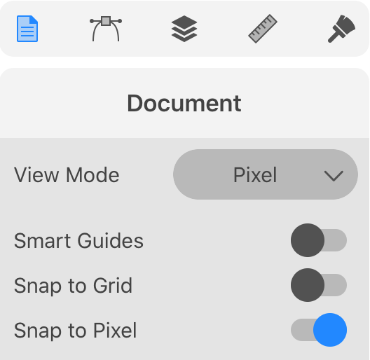 The Document panel showing the Snap to Pixel option.