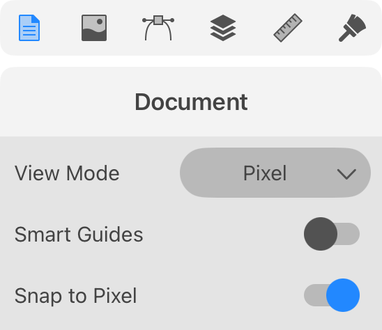 The Document panel showing the Snap to Pixel option.