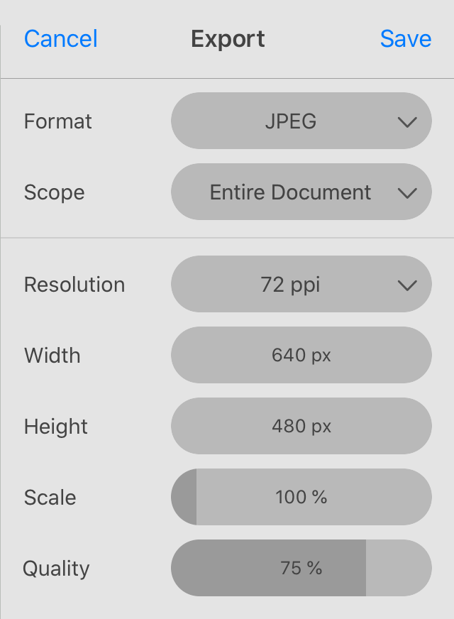 The Export dialog showing setting for the JPEG format