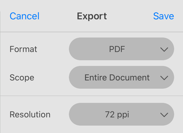 The Export panel showing settings for the PDF format