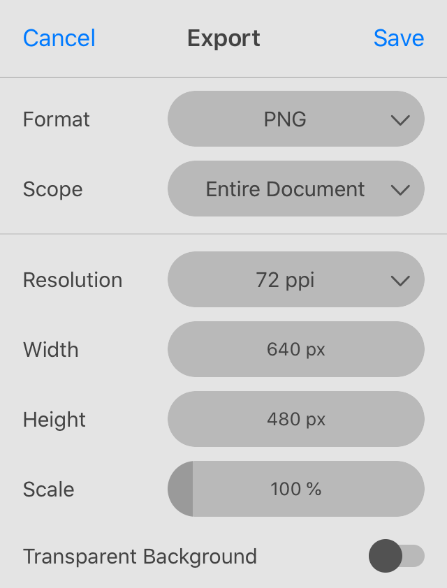 The Export panel showing setting for the PNG format