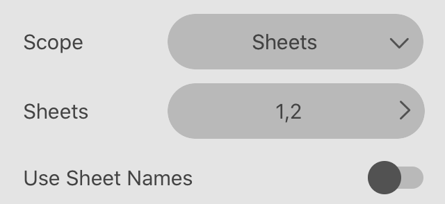 The Export dialog showing a list of sheets to be exported