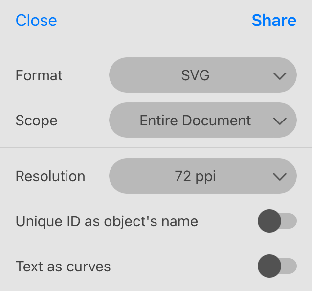 The Export panel showing settings for the SVG format