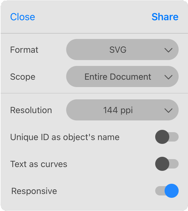 The Export panel showing settings for the SVG format