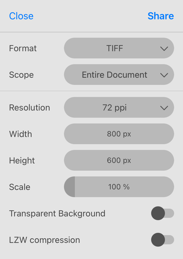 The Export dialog showing setting for the TIFF format