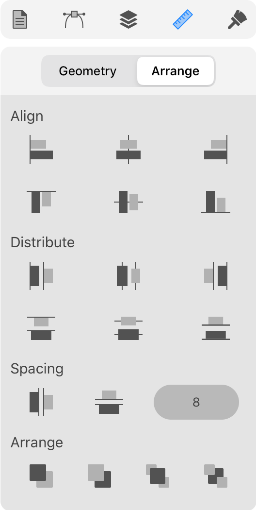 Align, Distribute and Spacing tools in the Geometry panel