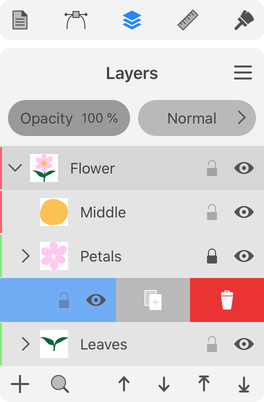 The Layers panel with the Delete object revealed.