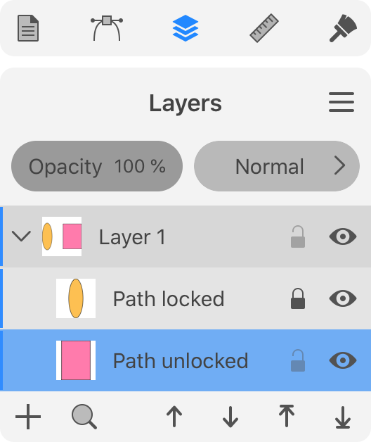 Locked and unlocked objects in the Layers panel