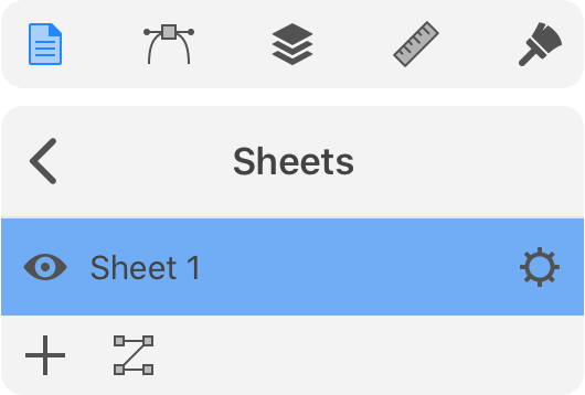 Sheets panel, list of sheets