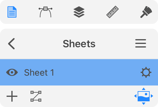 Sheets panel, list of sheets