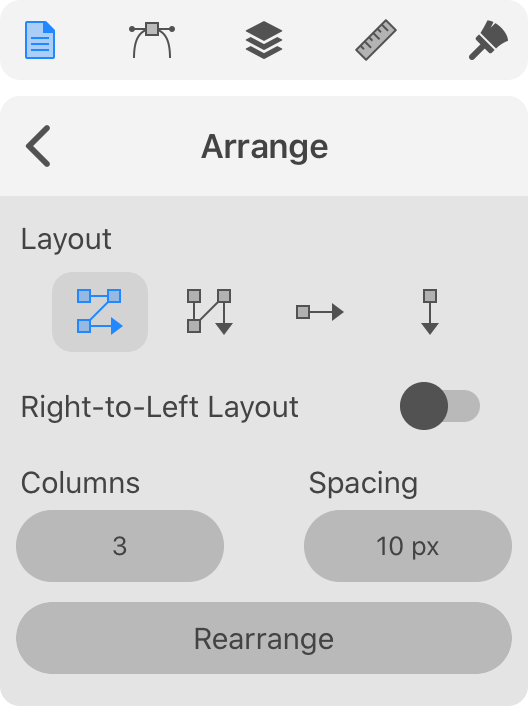 Popup panel with tools to arrange sheets