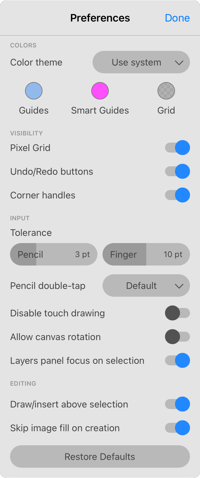 The Preferences panel