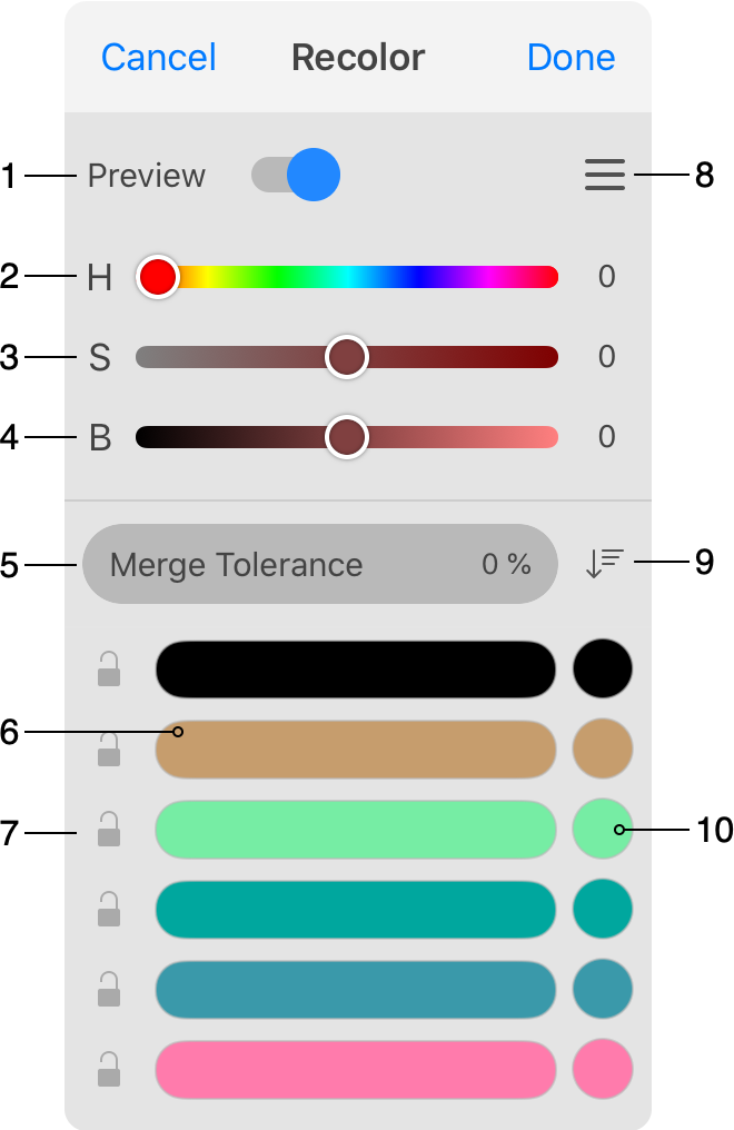 The Recolor panel to change colors in bulk.