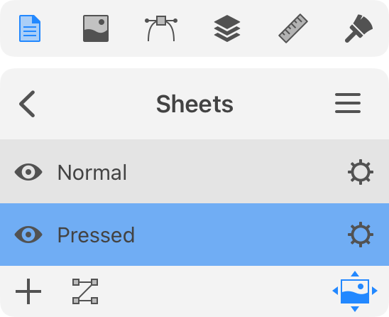 Two sheets in the Sheets panel for two button states