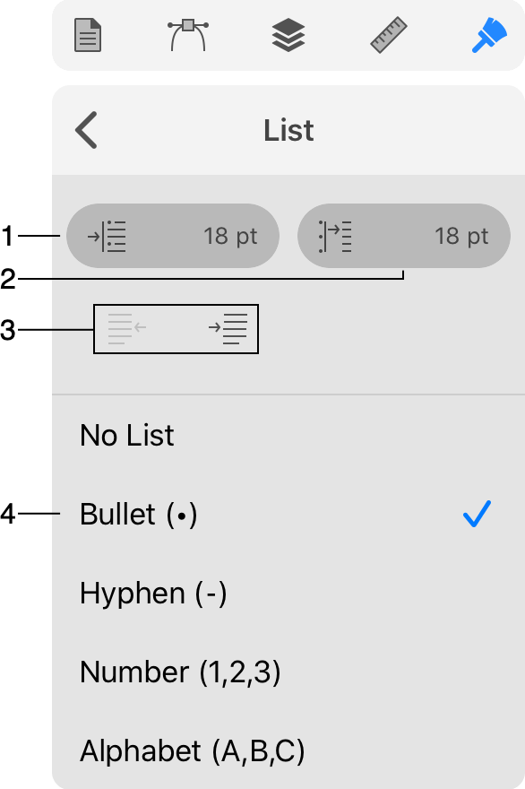 The Properties panel for bulleted and numbered lists.