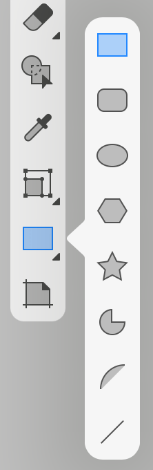 Set of tools to draw basic shapes including rectangles, ovals, lines, arcs and sectors.