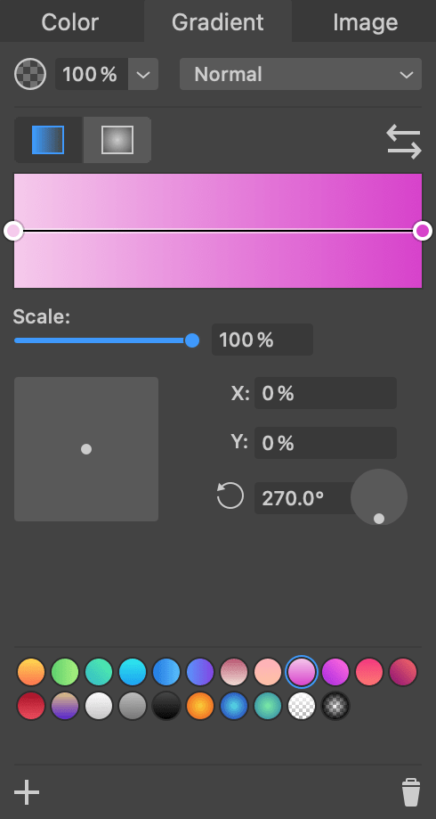 The Gradient section of the Color panel showing settings of linear gradient