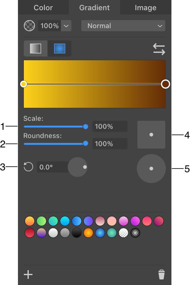 The Gradient section of the Color panel showing settings of radial gradient