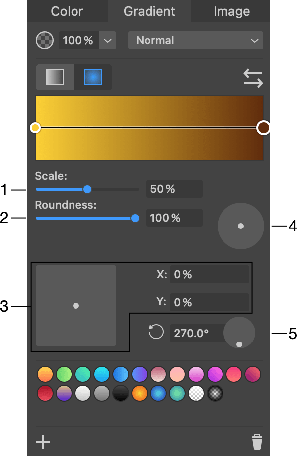 The Gradient section of the Color panel showing settings of radial gradient