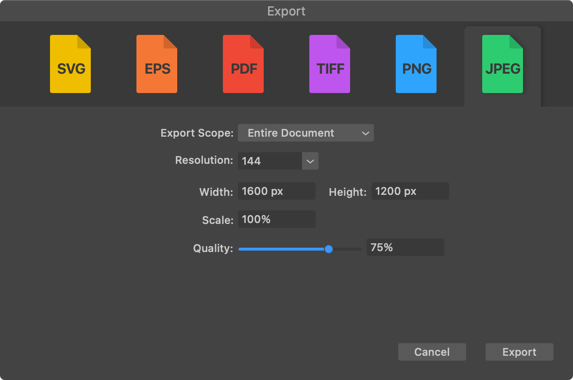 The Export dialog showing setting for the JPEG format