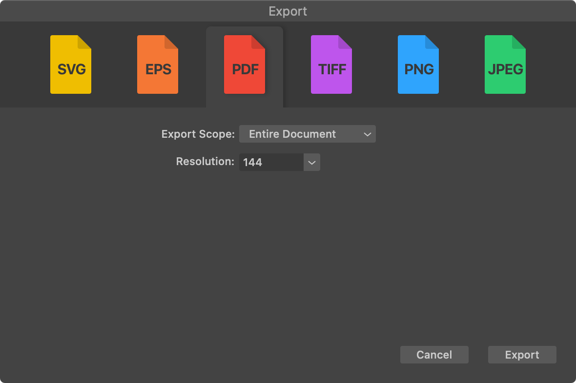 The Export dialog showing settings for the PDF and EPS formats