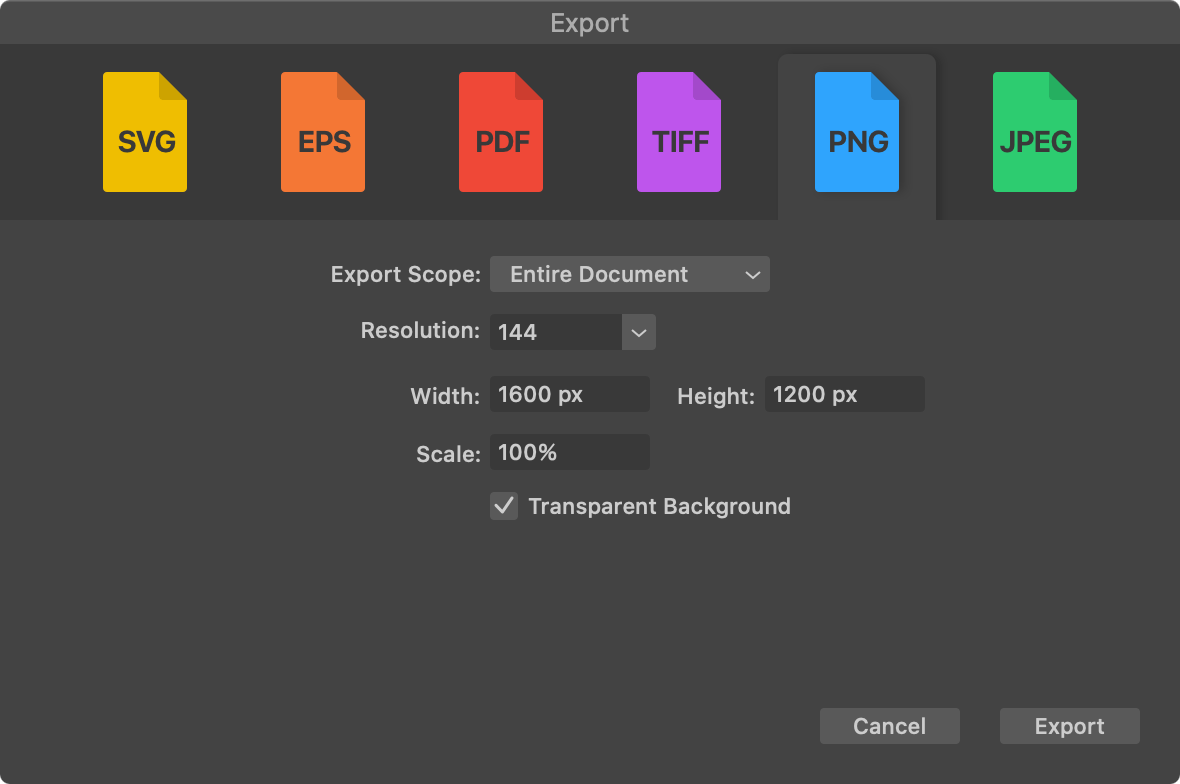 The Export dialog showing setting for the PNG format