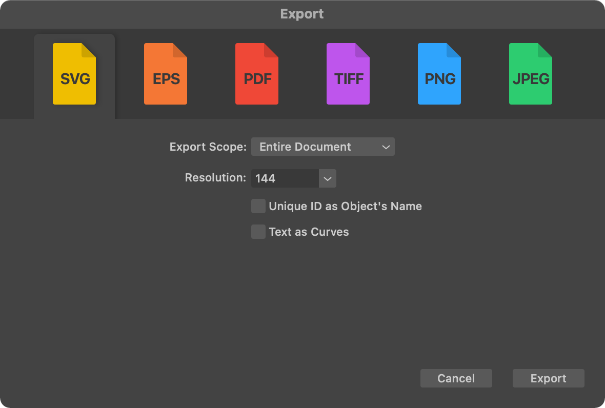 The Export dialog showing settings for the SVG format