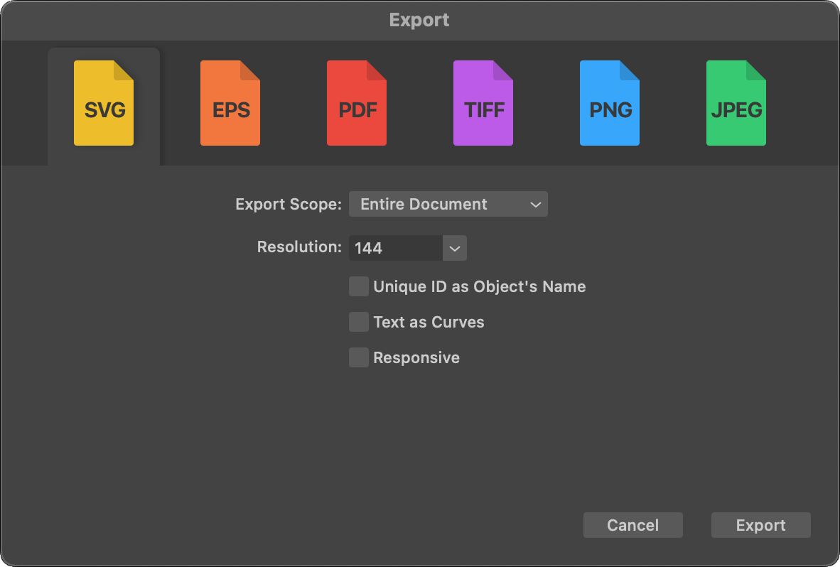 The Export dialog showing settings for the SVG format