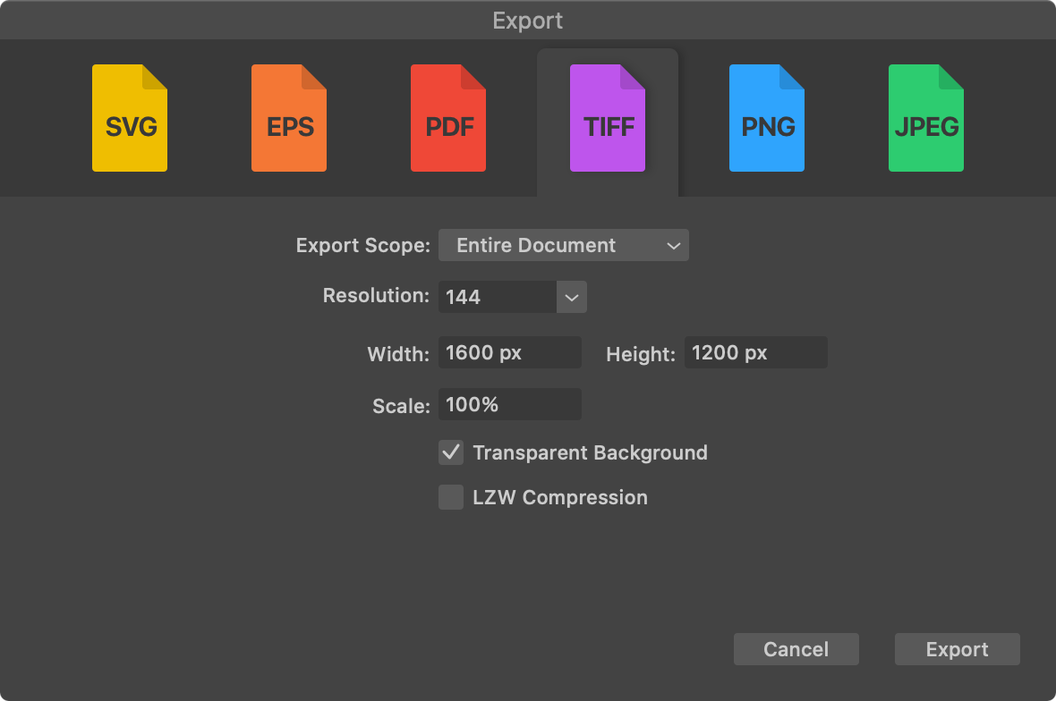 The Export dialog showing setting for the TIFF format