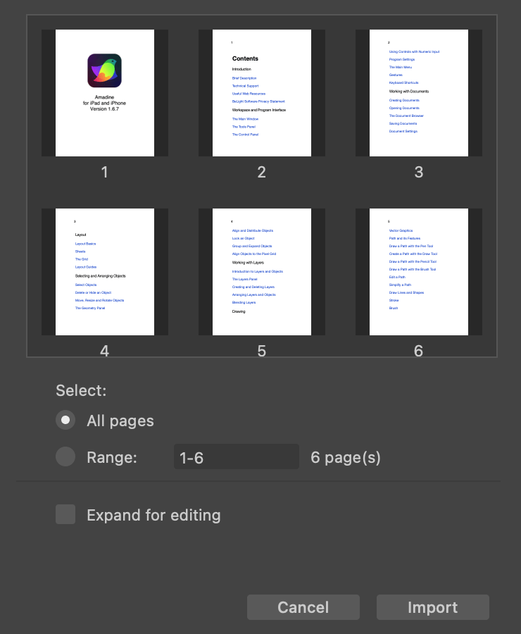 The Import PDF dialog with multiple pages open.