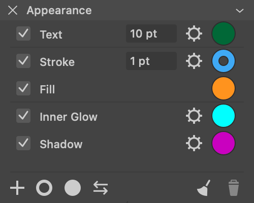 The Appearance panel with different types of properties