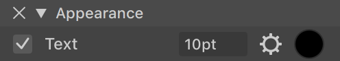 The Appearance panel with a text object listed