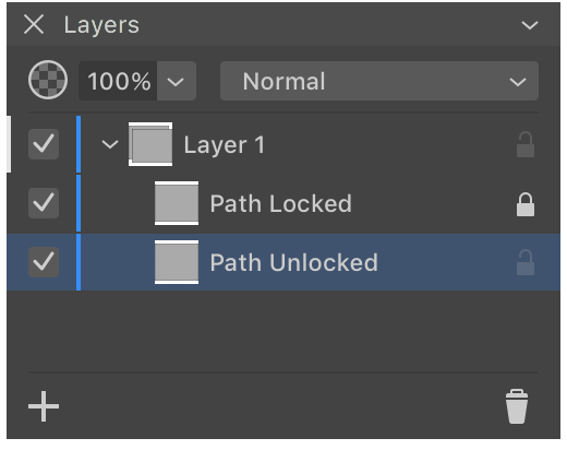 Locked and unlocked objects in the Layers panel