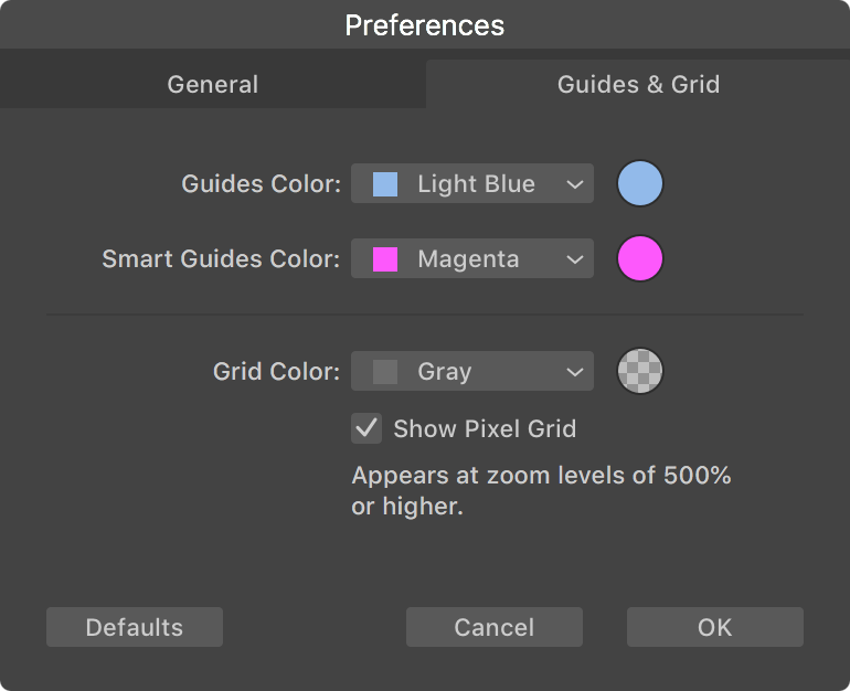 Guides and Grid tab of the program Preferences