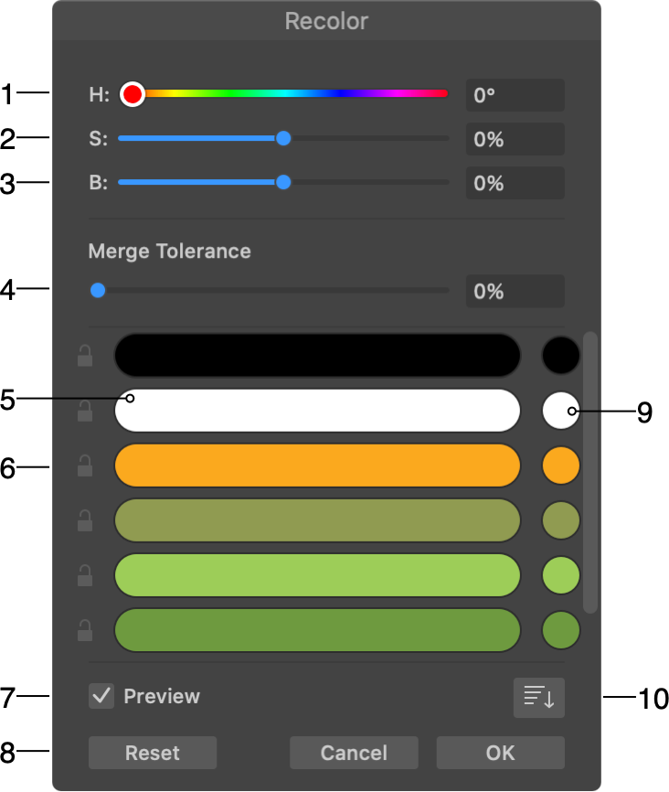 The Recolor panel to change colors in bulk.