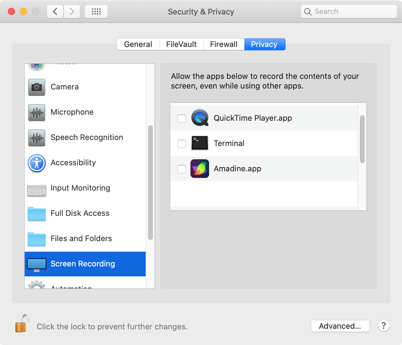 The Screen Recording section in the Security & Privacy settings.