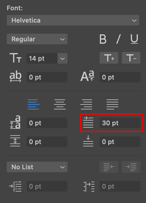 Indent width in the text properties panel.